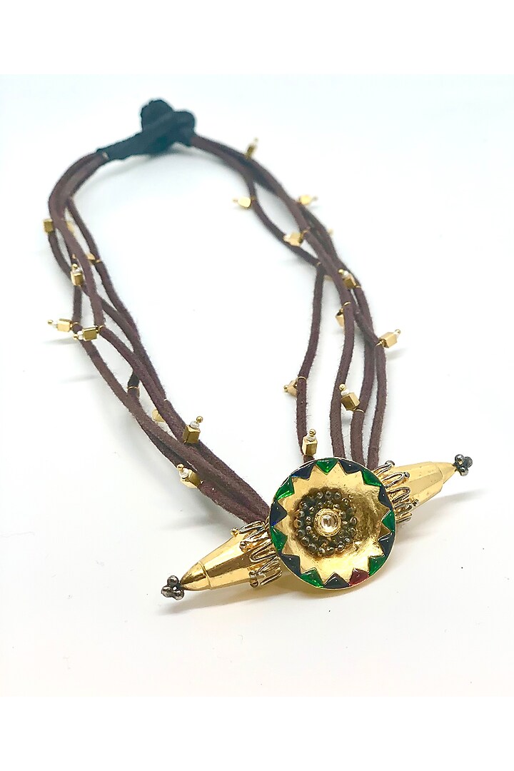Gold Finish Kundan Enameled Threaded Necklace In Sterling Silver by Tanvi Garg at Pernia's Pop Up Shop