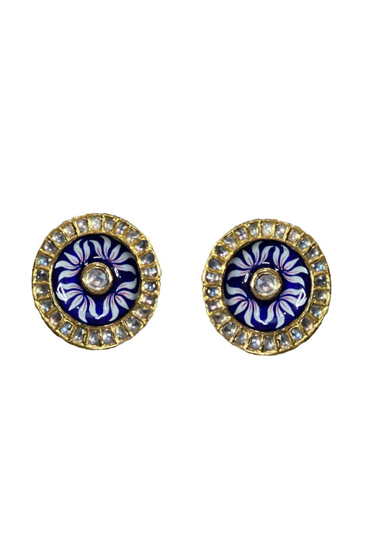 Gold Finish Kundan Meenakari Stud Earrings In Sterling Silver by Tanvi Garg