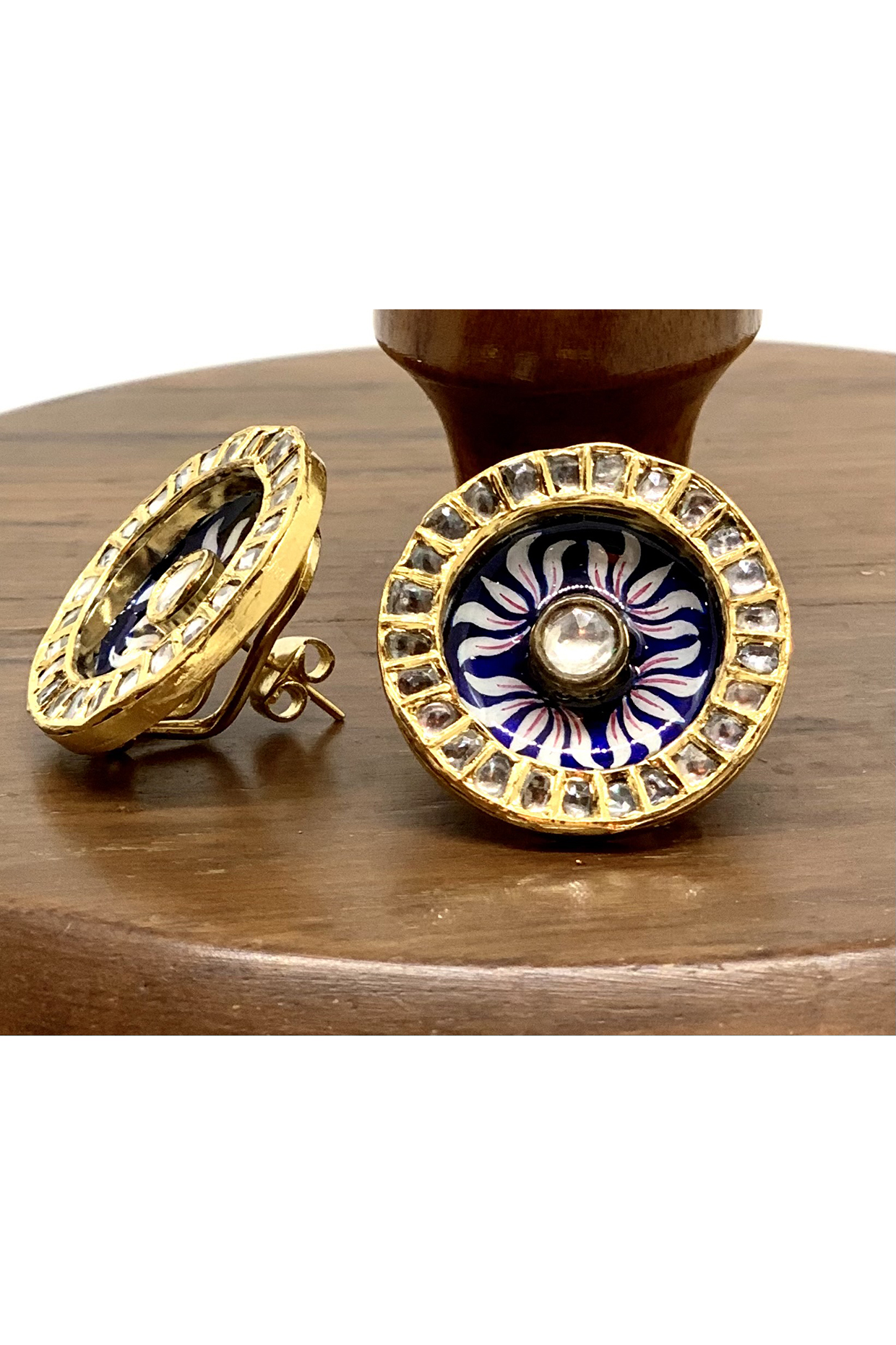 Gold Finish Kundan Meenakari Stud Earrings In Sterling Silver by Tanvi Garg at Pernia's Pop Up Shop