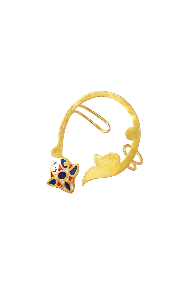 Gold Finish Double Finger Enameled Ring In Sterling Silver by Tanvi Garg at Pernia's Pop Up Shop