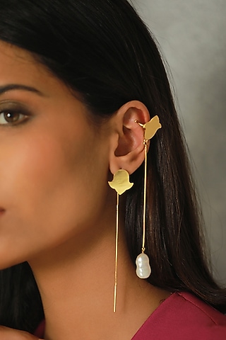 Gold Finish Baroque Pearl Dangling Clips In Sterling Silver by Tanvi Garg