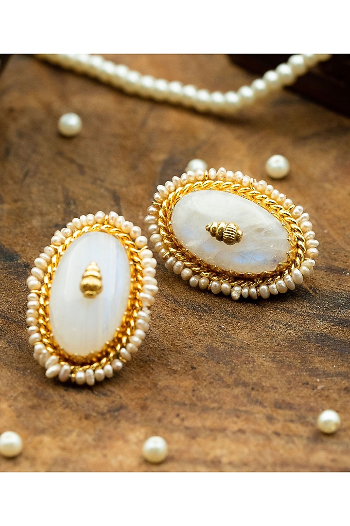 Gold Finish Moonstone & Pearl Stud Earrings In Sterling Silver by Tanvi Garg at Pernia's Pop Up Shop