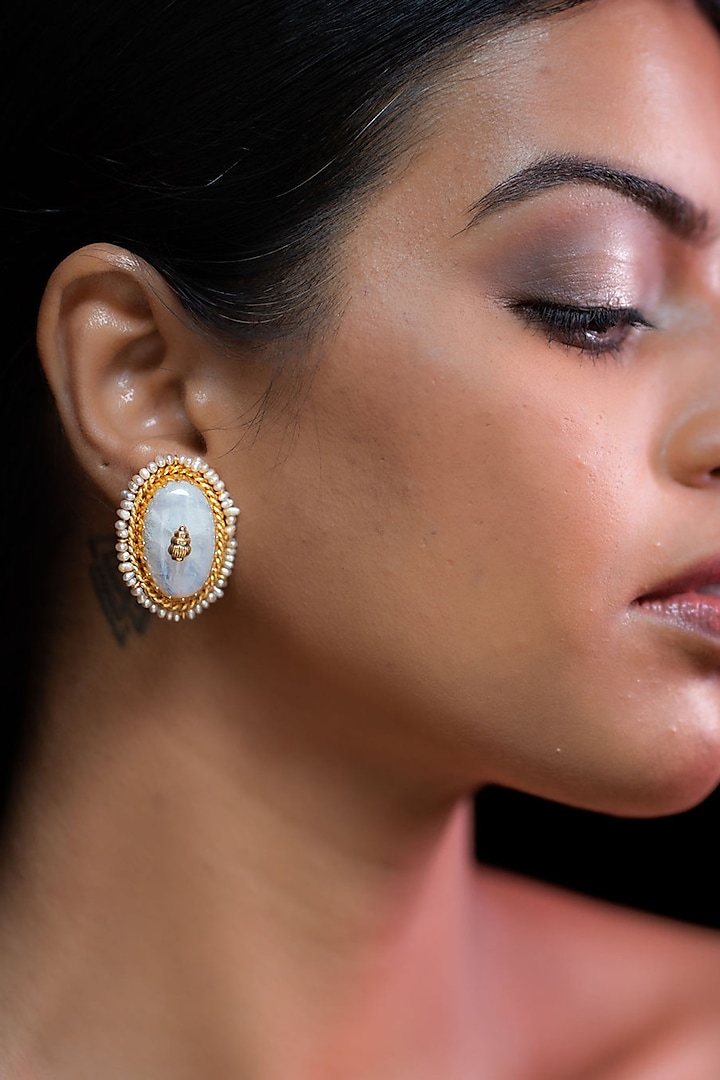 Gold Finish Moonstone & Pearl Stud Earrings In Sterling Silver by Tanvi Garg