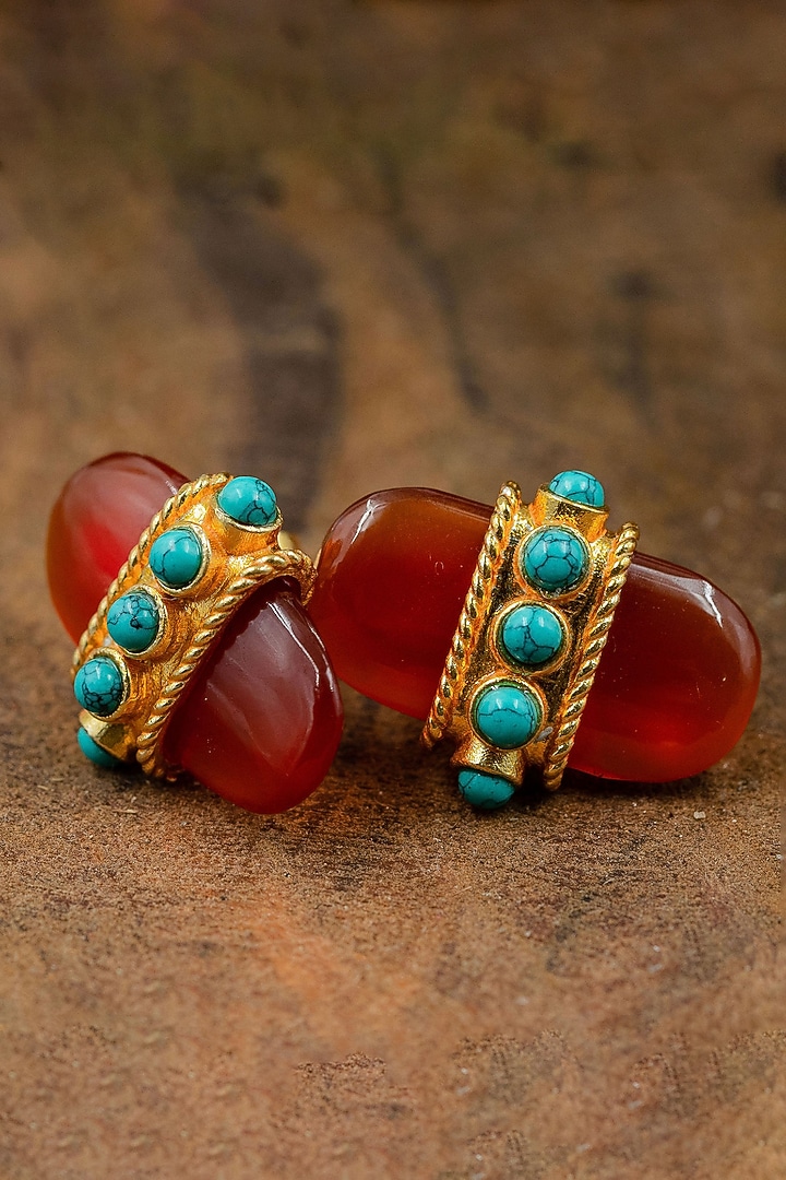 Gold Finish Carnelian & Moonstone Loop Earrings In Sterling Silver by Tanvi Garg at Pernia's Pop Up Shop