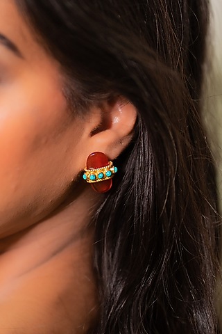 Gold Finish Carnelian & Moonstone Loop Earrings In Sterling Silver by Tanvi Garg