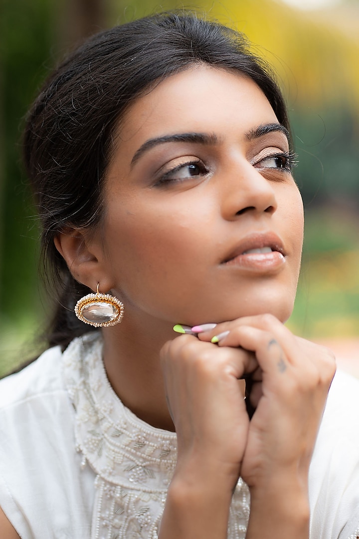 Gold Finish Quartz & Pearl Loop Earrings In Sterling Silver by Tanvi Garg