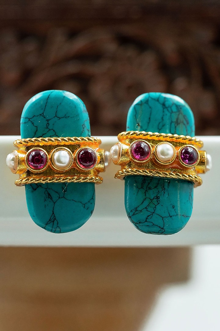 Gold Finish Feroza Stud Earrings In Sterling Silver by Tanvi Garg at Pernia's Pop Up Shop