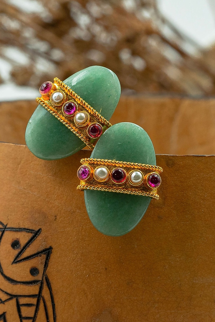 Gold Finish Quartz & Pearl Stud Earrings In Sterling Silver by Tanvi Garg at Pernia's Pop Up Shop