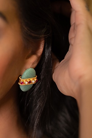 Gold Finish Quartz & Pearl Stud Earrings In Sterling Silver by Tanvi Garg