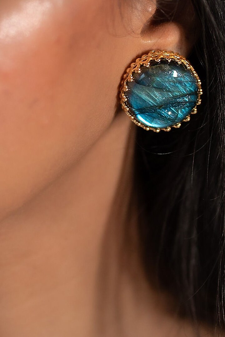 Gold Finish Labradorite Stone Stud Earrings In Sterling Silver by Tanvi Garg at Pernia's Pop Up Shop