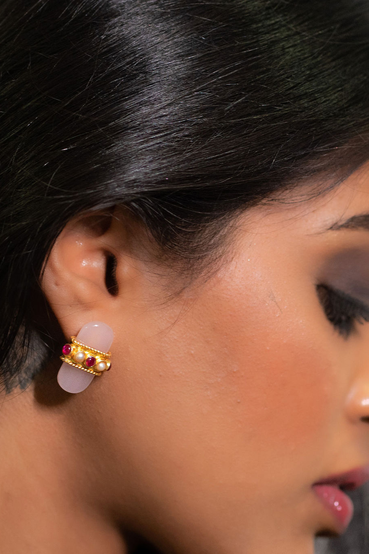 Gold Finish Rose Quartz Stud Earrings In Sterling Silver by Tanvi Garg at Pernia's Pop Up Shop