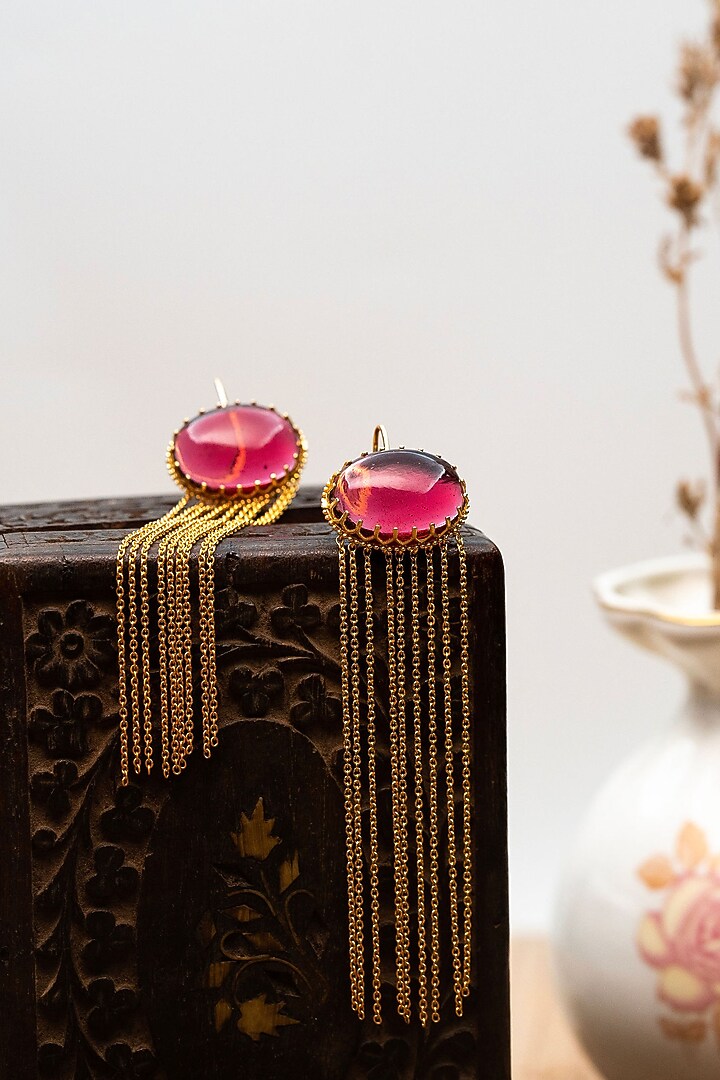 Gold Finish Red Onyx Dangler Earrings In Sterling Silver by Tanvi Garg at Pernia's Pop Up Shop