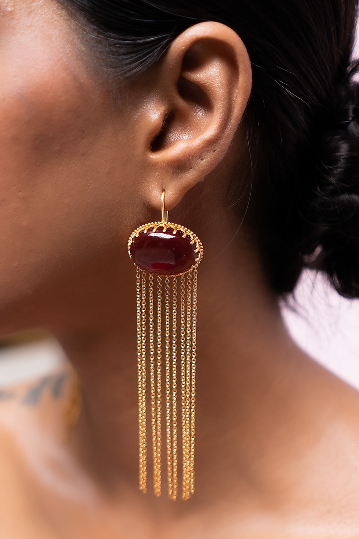 Gold Finish Red Onyx Dangler Earrings In Sterling Silver by Tanvi Garg