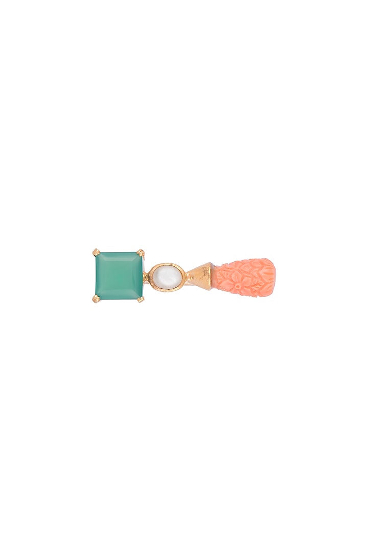 Gold Finish Green Onyx & Carved Coral Stone Ring by Tanvi Garg at Pernia's Pop Up Shop