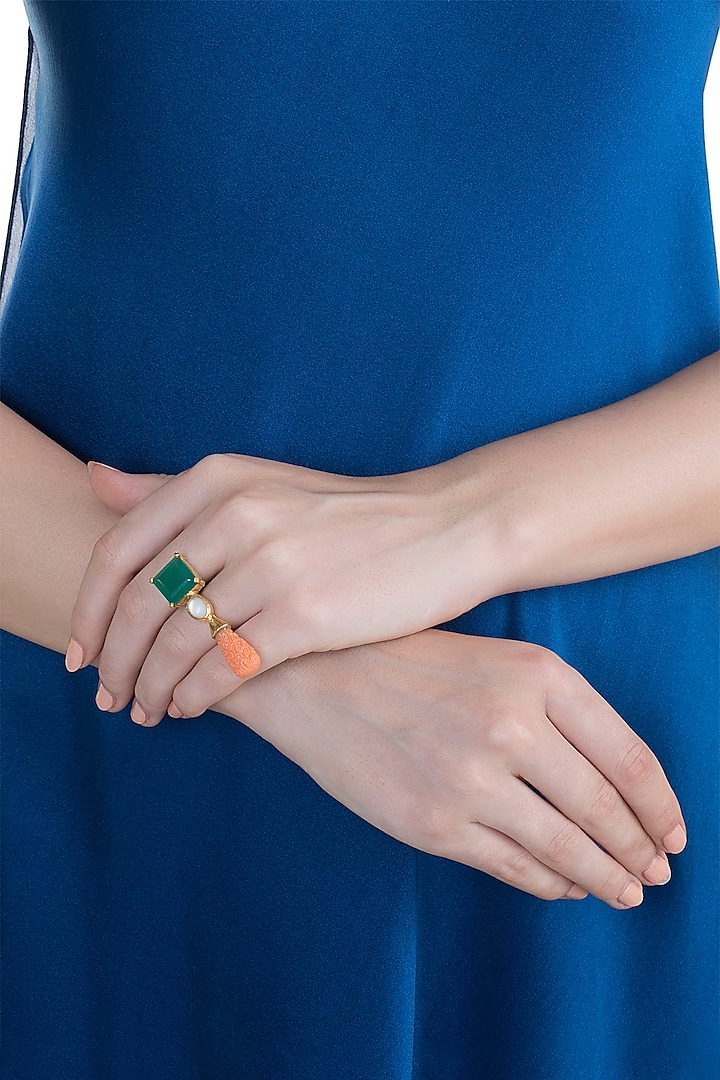 Gold Finish Green Onyx & Carved Coral Stone Ring by Tanvi Garg at Pernia's Pop Up Shop