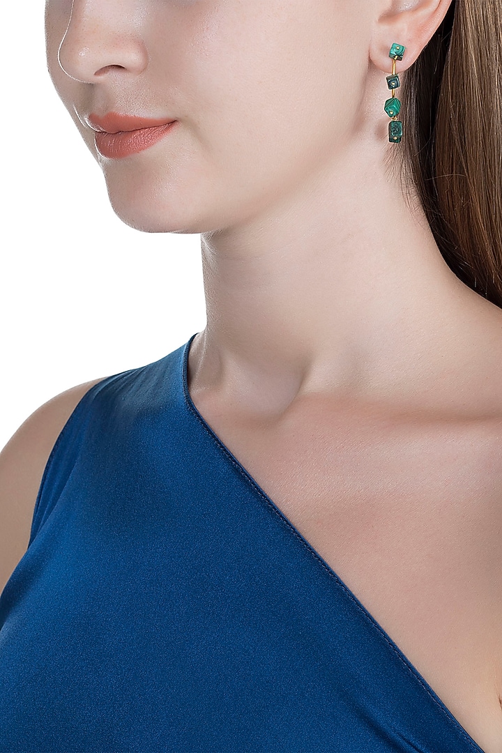 Gold Finish Malachite Stones Earrings by Tanvi Garg at Pernia's Pop Up Shop