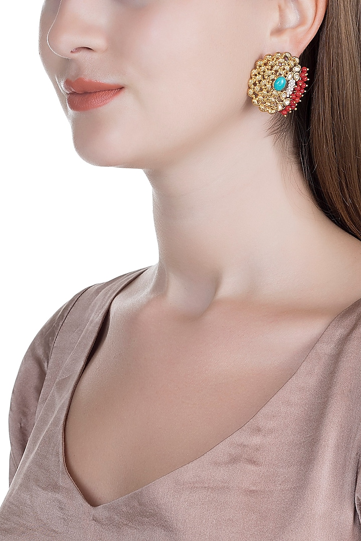 Gold Finish Corals, Pearls & Turquoise Stones Handcrafted Stud Earrings by Tanvi Garg