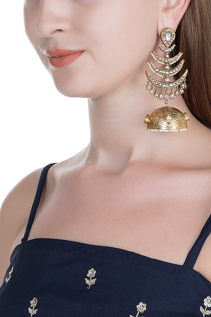 Gold Finish Real Kundan Handcrafted Earrings by Tanvi Garg