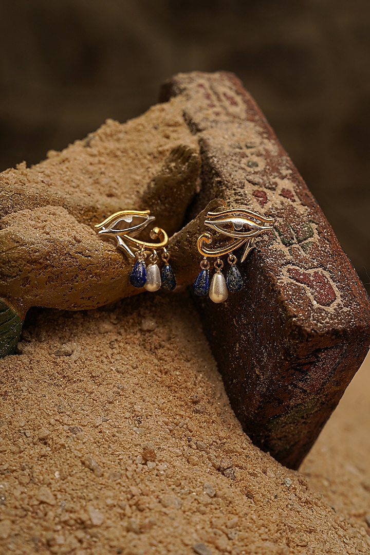 Two Tone Finish Horus Drop Dangler Earrings In Sterling Silver by Tanvi Garg at Pernia's Pop Up Shop