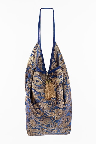 Blue Banarasi Jhola Bag With Embellishments by That Gypsy
