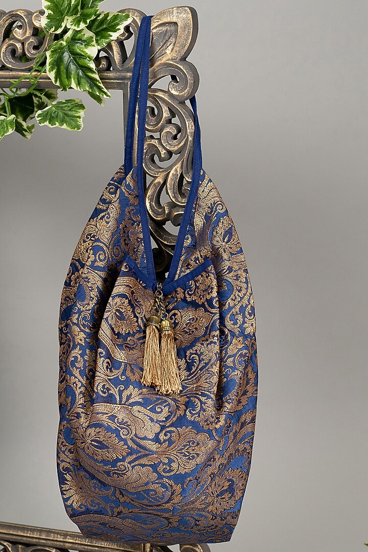 Blue Banarasi Jhola Bag With Embellishments by That Gypsy at Pernia's Pop Up Shop