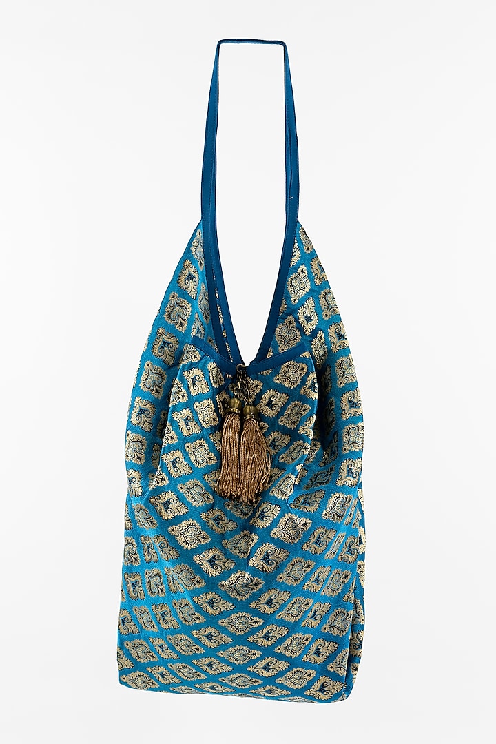 Turquoise Embellished Brocade Jhola Bag by THAT GYPSY