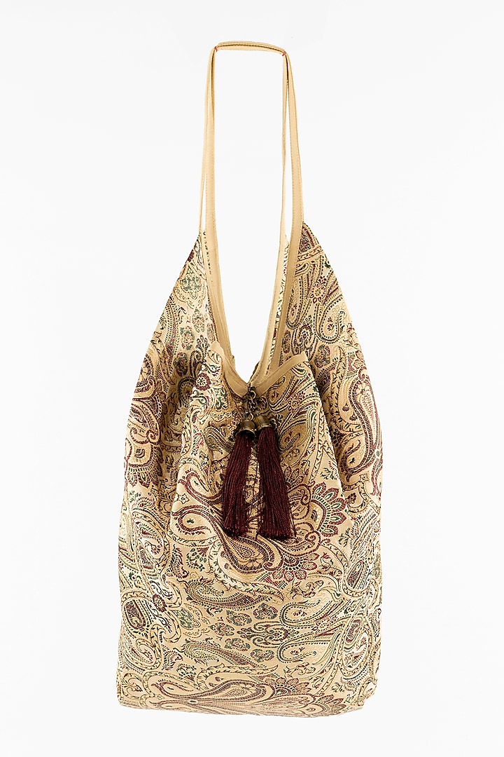 Gold Embellished Brocade Jhola Bag by THAT GYPSY