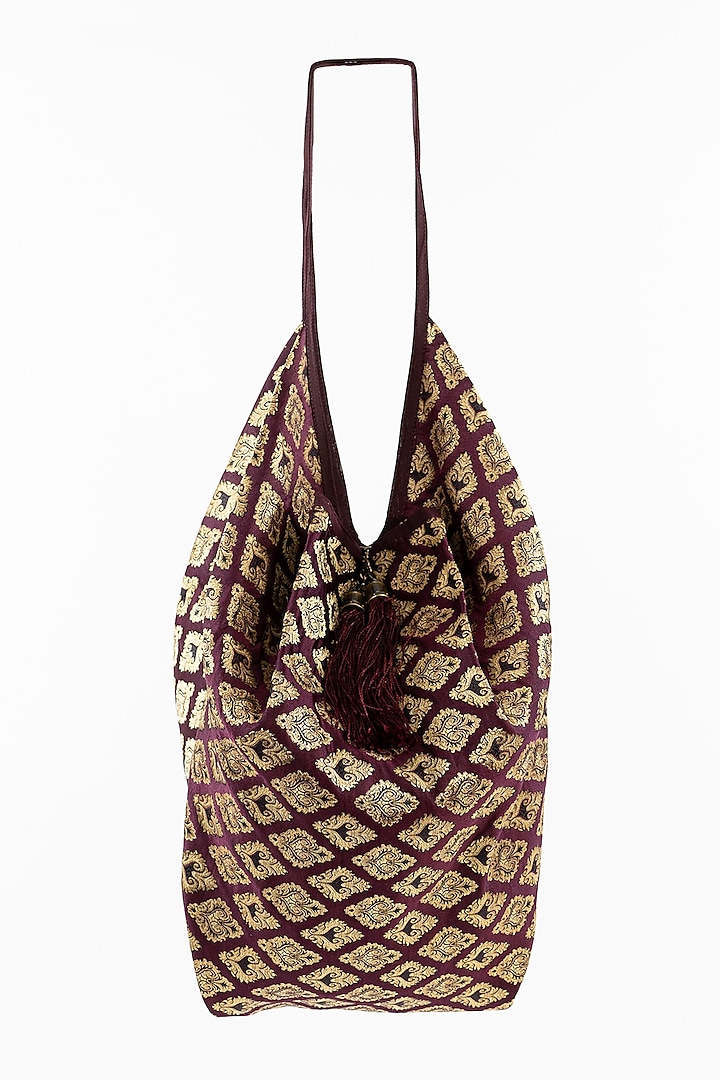 Wine Embellished Brocade Jhola Bag by THAT GYPSY