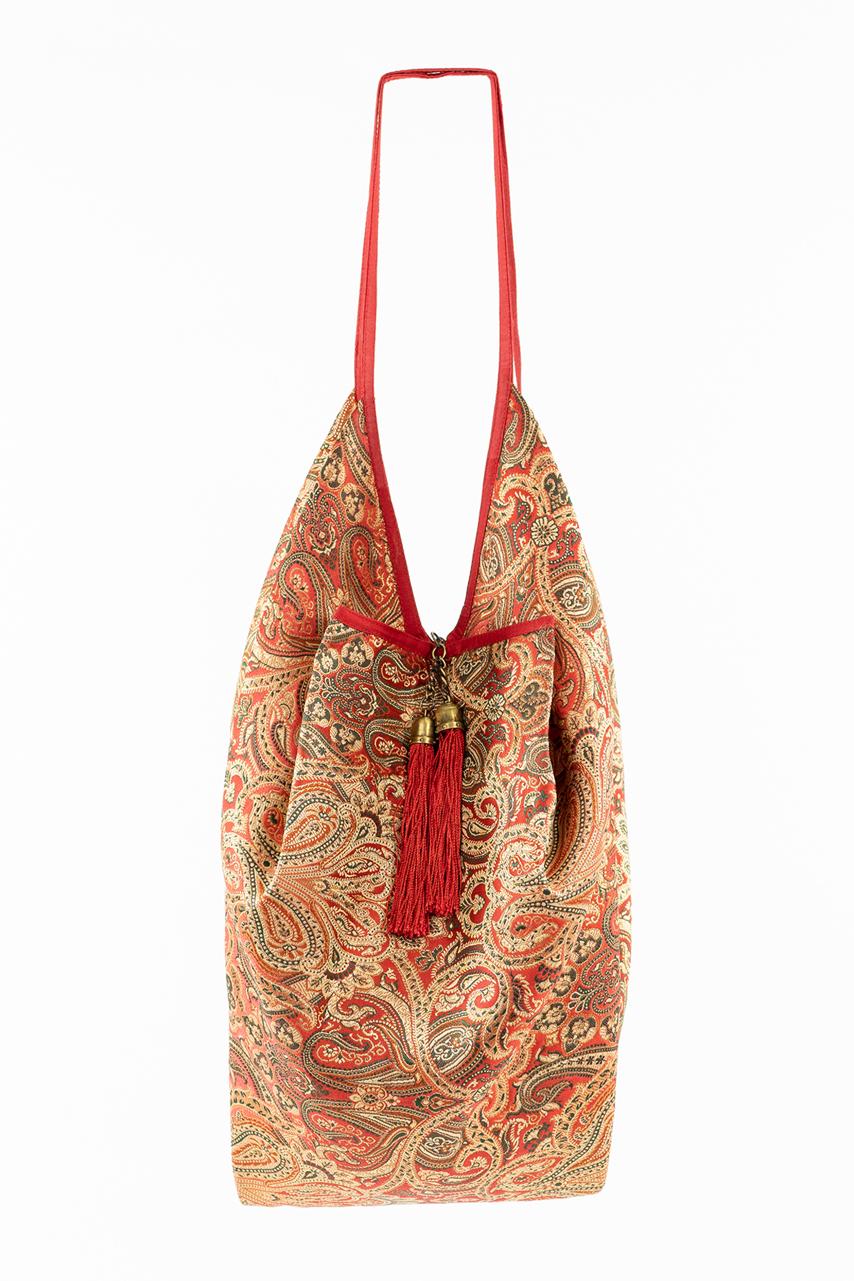 Red Jhola Bag With Tassels by THAT GYPSY at Pernia's Pop Up Shop