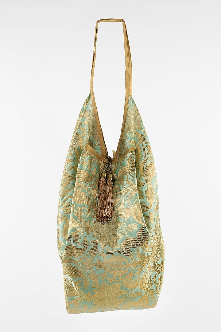 Mint Green Banarasi Jhola Bag With Tassels by THAT GYPSY