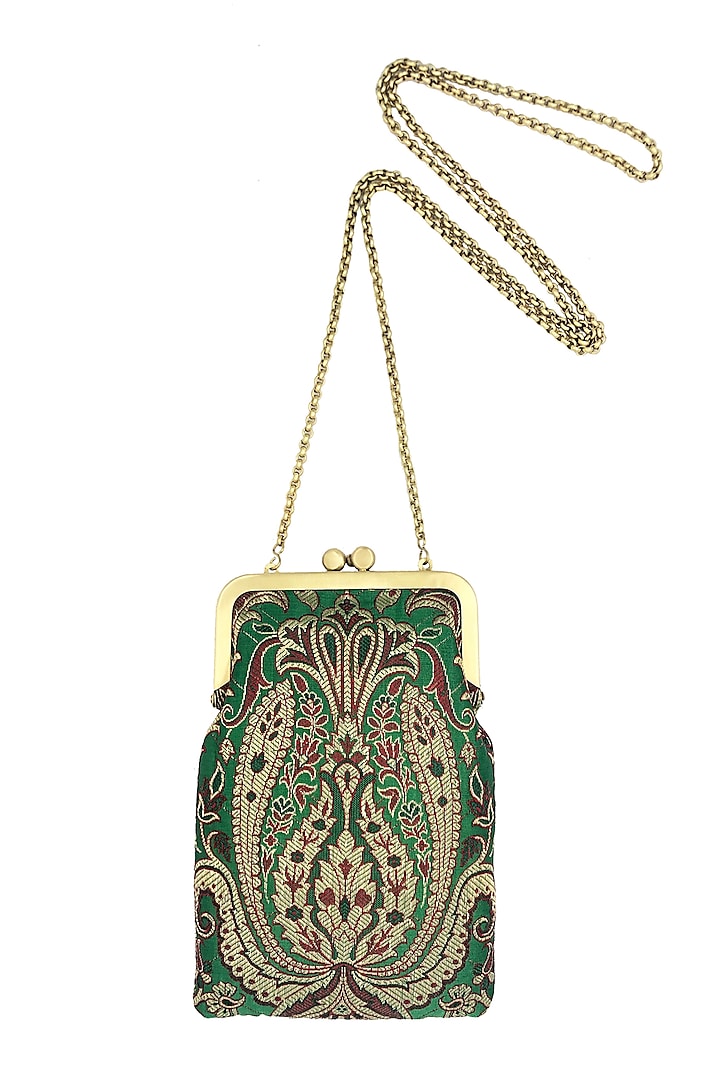 Green Silk Banarasi Brocade Mini Clutch Sling Bag by That Gypsy