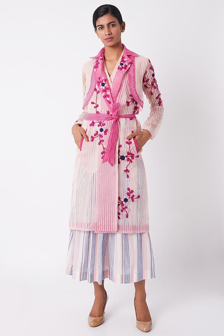 Blush Pink Floral Sheer Trench Coat by Tahweave
