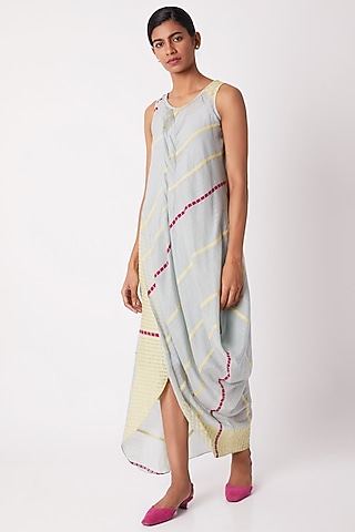 Light Blue Cotton Silk Draped Dress by Tahweave