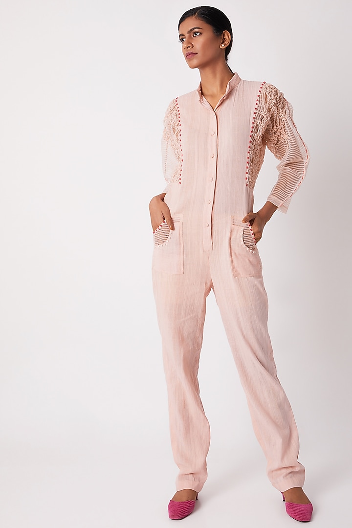 Blush Pink Jumpsuit With Sheer Sleeves by Tahweave at Pernia's Pop Up Shop