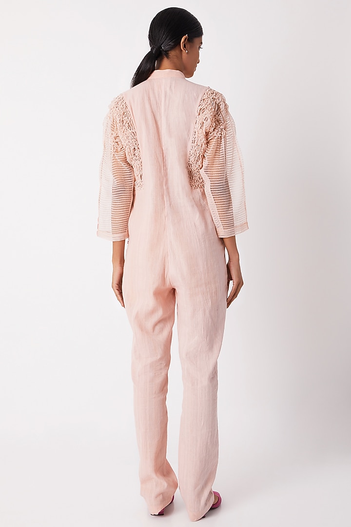 Blush Pink Jumpsuit With Sheer Sleeves by Tahweave at Pernia's Pop Up Shop