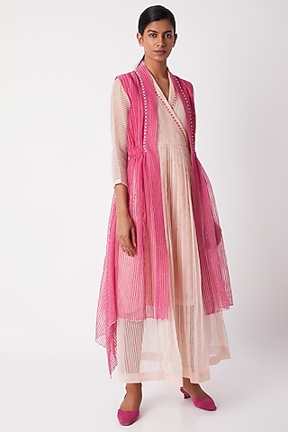 Fuchsia Asymmetric Overlayer With Pleats by Tahweave
