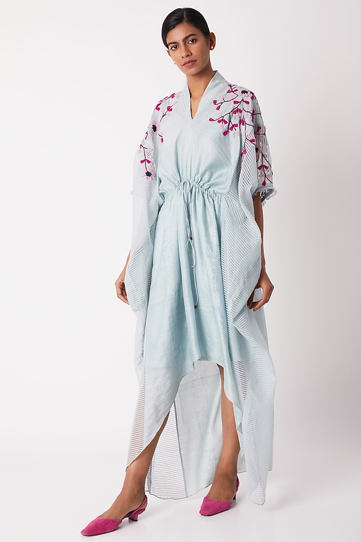 Light Blue Shibori Summer Dress With Drawstrings by Tahweave at Pernia's Pop Up Shop