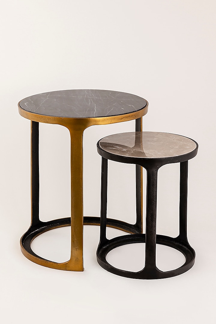 Antique Brass Finished & Graphite Black Marble Nesting Tables (Set of 2) by Taho Living