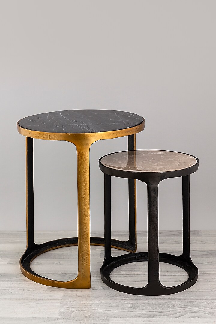 Antique Brass Finished & Graphite Black Marble Nesting Tables (Set of 2) by Taho Living at Pernia's Pop Up Shop