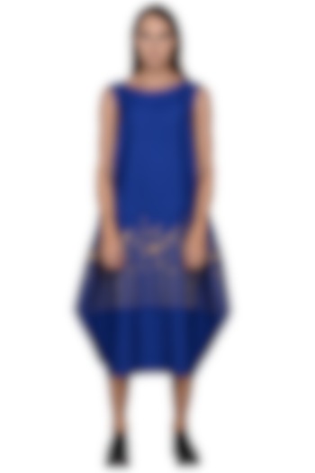Cobalt Blue Silver Embroidered Midi Dress by Taika By Poonam Bhagat