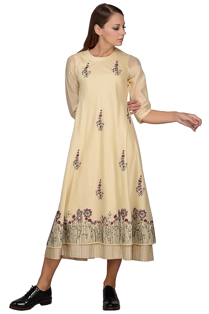 Beige Embroidered Layered Midi Dress by Taika By Poonam Bhagat
