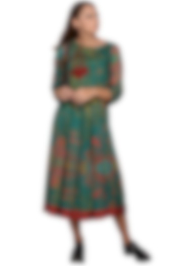 Green Printed & Embroidered Midi Dress by Taika By Poonam Bhagat