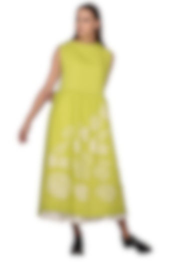 White & Lime Green Floral Embroidered Midi Dress by Taika By Poonam Bhagat