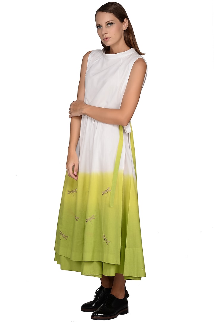 White & Lime Green Tie-Dye Midi Dress by Taika By Poonam Bhagat