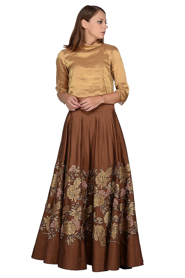 Brown & Beige Embroidered Skirt Set by Taika By Poonam Bhagat at Pernia's Pop Up Shop