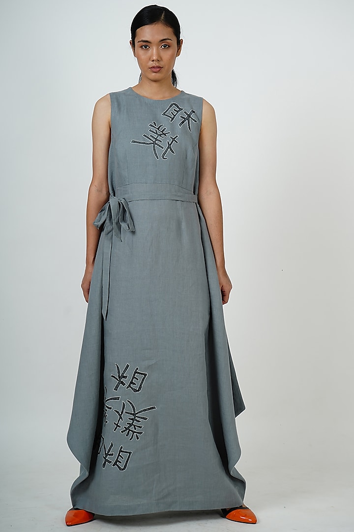 Dove Grey Embroidered Midi Dress by Taika By Poonam Bhagat