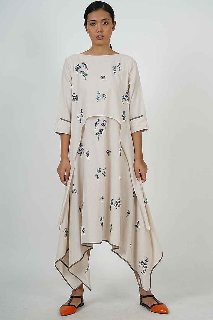 Beige & White Embroidered Tunic by Taika By Poonam Bhagat
