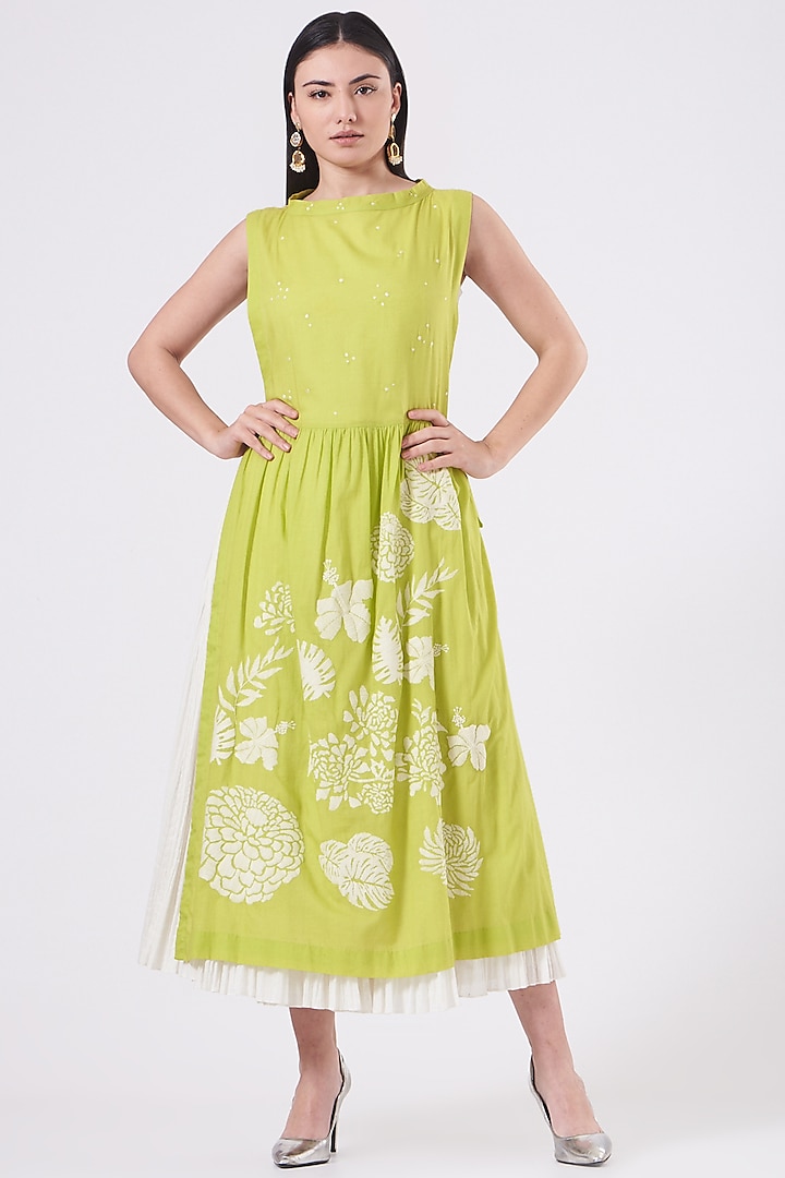 Lime Green Apron Dress by Taika By Poonam Bhagat