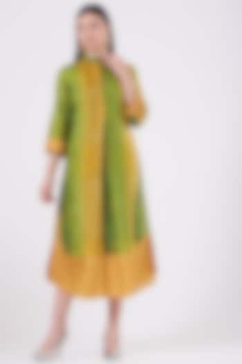 Green & Yellow Box Pleated Tunic by Taika By Poonam Bhagat