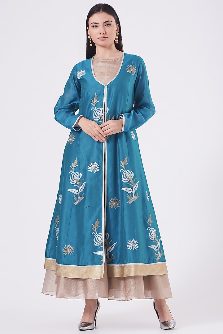 Teal Embroidered Anarkali Set by Taika By Poonam Bhagat